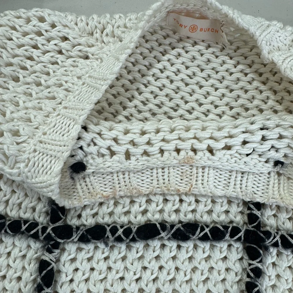 Tory Burch Women Cotton Open Knit‎ Wool Grid Pattern Longline Sweater Size Large
